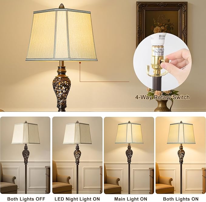 Vintage Floor Lamp with Night Light, 65" Retro Standing Lamp with Brown Finish and Beige Faux Silk Shade, Farmhouse Industrial Design Tall Lamp for Living Room Bedroom Bedside Corner (Bulb Included)