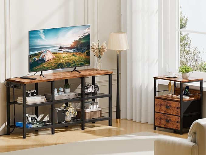 Furologee TV Stand with Power Outlets, Small Entertainment Center with Open Storage Shelves, Media Console Center for TVs up to 50 Inch, Television Stands for Living Room/Bedroom, Rustic Brown