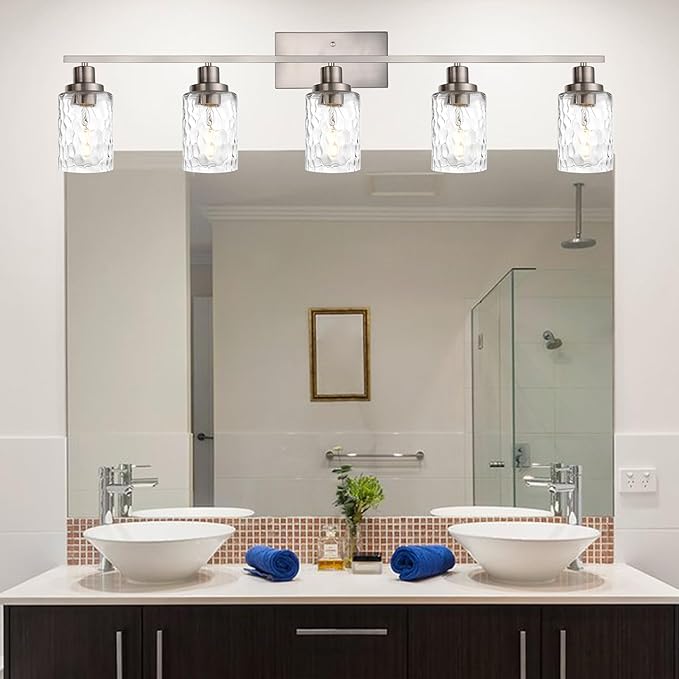 MELUCEE 5-Light Bathroom Light Fixtures Brushed Nickel Finish, Modern Vanity Light Industrial Wall Lamp with Clear Hammered Glass Shade for Powder Room Bedroom (Patent No.: US D963914 S)