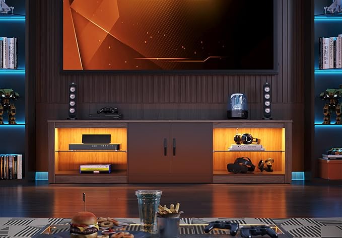 Bestier 70 Inch Led TV Stand for 75 Inch TV Large Entertainment Center Gaming with Adjustable Glass Shelves Two Cabinets Modern TV Console for Living Room 22 RGB Modes, Wash Gray