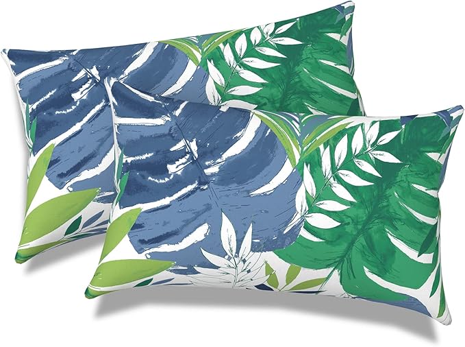 Outdoor/Indoor Lumbar Pillows, Water Repellent Cushion Pillows, 12x20 Inch, Outdoor Pillows with Inserts for Home Garden, Pack of 2, Islamorada Blue Green