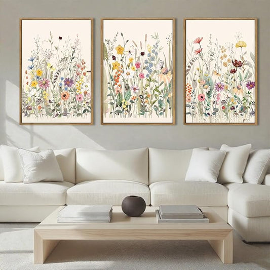 Wildflower Wall Art Large Floral Wall Painting Neutral Print Pictures Decor for Living Room Bedroom Bathroom 3 Panel 36x24 Inches
