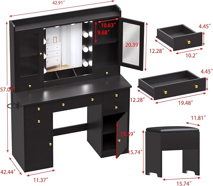 Vanity Desk with Mirror and Lights, 43" Black Makeup Vanity Set with 5 Drawers & Glass Cabinets, Storage Stool, Power Outlet & Adjustable LED Lights, Dressing Table for Women & Girls Bedroom