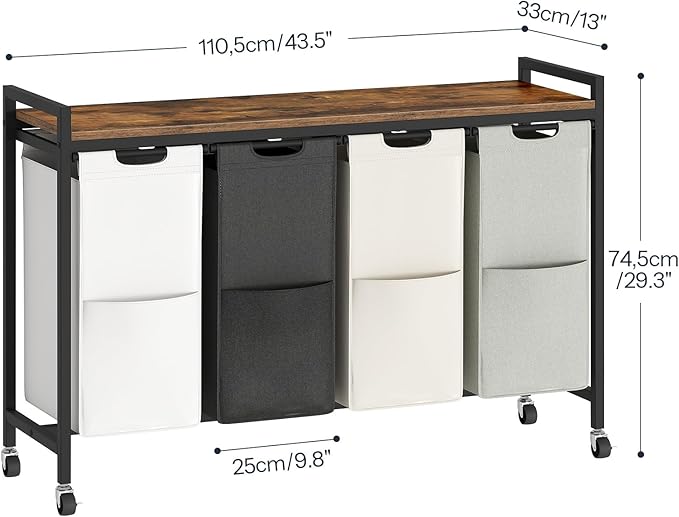 HOOBRO Laundry Sorter 4 Sections, Laundry Hamper with Wheels, 4 × 10.5 Gal (40 L), Rolling Laundry Basket, Pull-Out and Removable Oxford Fabric Bags, Rustic Brown BFE04XY01