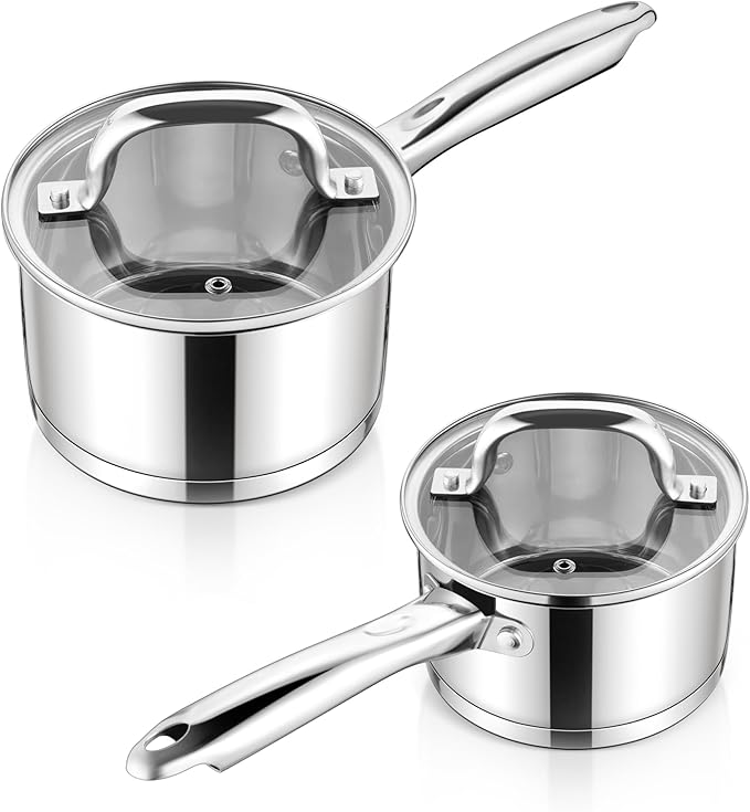 E-far Stainless Steel Saucepan with Lid Set - 1QT & 2QT, Triply Sauce Pan Induction Pot for Cooking, Boiling, Compatible with All Stoves, Visible Lid, Healthy & Non Toxic, Oven & Dishwasher Safe