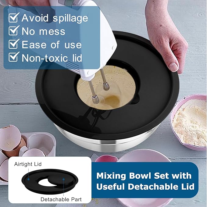 TeamFar Mixing Bowls Set of 5, Stainless Steel Nesting Salad Bowl with Lid & 3 Grater Attachments for Salad Mixing/Food Storage, Healthy, Airtight Lid & Non-slip Bottom - 4.6/3.5/2.5/1.5/1 QT