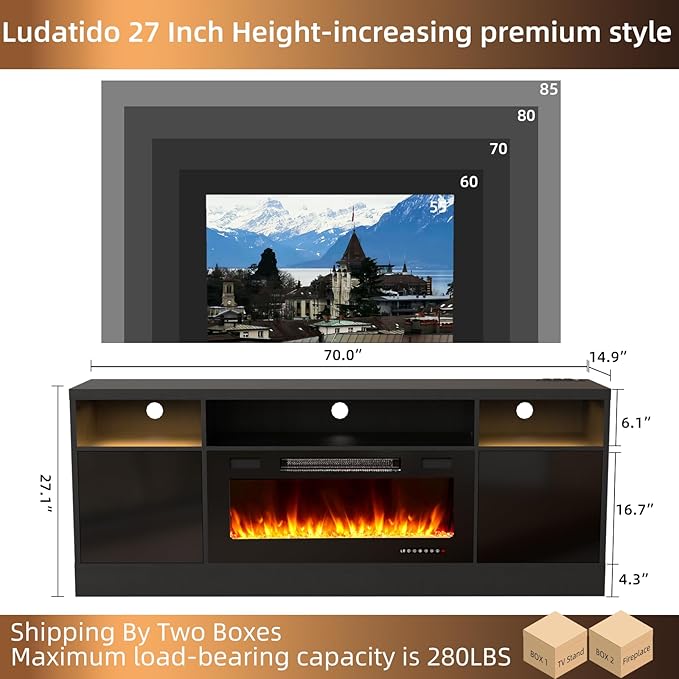 Ludatido 70 Inch Premium TV Stand with 36 inch Electric Fireplace 27 Inch high LED Light Entertainment Center Easy to Assemble for TVs Up to 85'' with USB&AC Power Interface Black