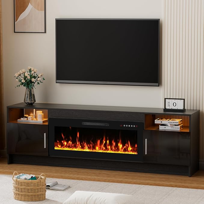70'' TV Stand with Fireplace-Black Entertainment Center for 75+ inch TV- TV Cabinet with LED Light, Storage, High Glossy Door, Modern TV Console for Living Room
