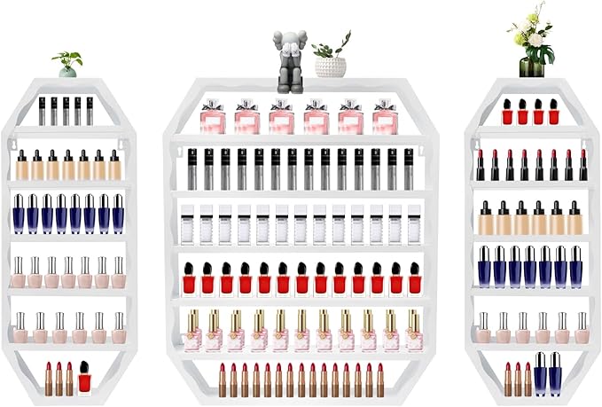 Metal Nail Polish Storage Rack, Wall Mounted Cosmetic Display Case, Lipstick Shelf, Essential Oil Organizer for Bottles, Spa Nail Salon (White)
