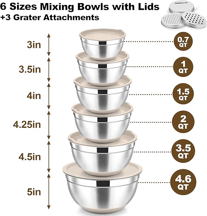 TeamFar Mixing Bowls, Stainless Steel Nesting Salad Bowl with Lids & 3 Graters, For Kitchen Cooking Serving Prepping, Airtight & Non-Slip, Size 4.6/3.5/2/1.5/1/0.7 QT, Set of 5 & Khaki