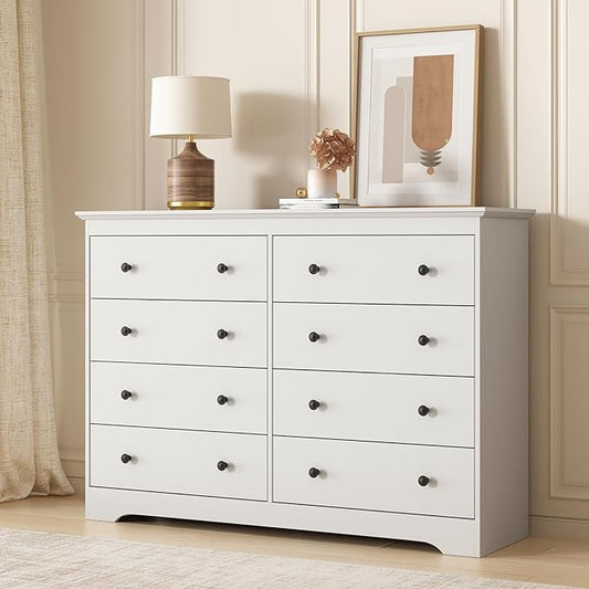 LYNSOM Modern 8 Drawer Dresser, 55.1" Wide Dressers & Chests of Drawers with Large Capacity Storage, Mid Century White Dresser for Bedroom, Hallway, White