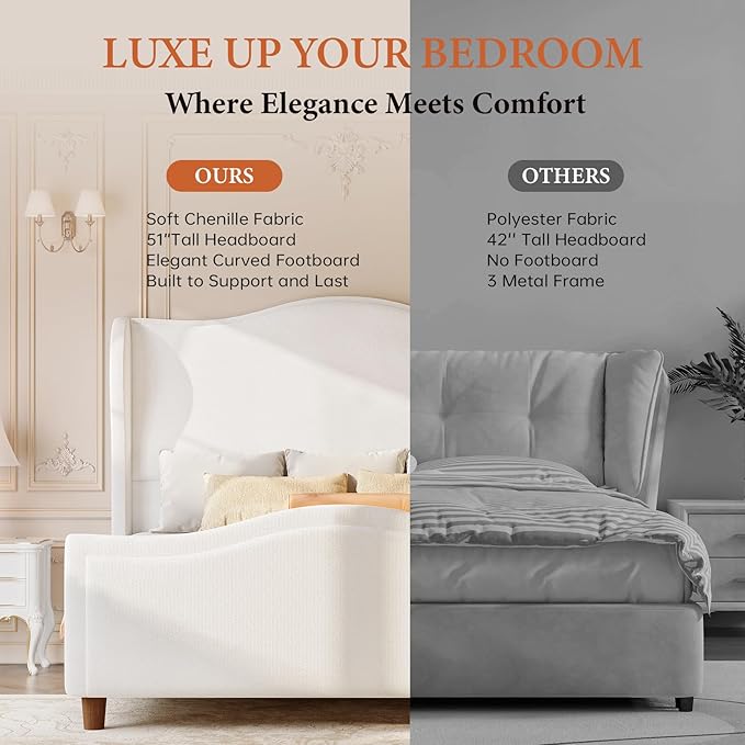 King Size Bed Frame Chenille Upholstered Platform Bed with Headboard and Footboard, 51" High Deep Tufted Wingback Sleigh Upholstered Bed, Modern Retro Minimalist Style, Easy Assembly, Cream