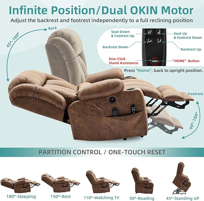 MEETWARM Oversized Dual Motor Lay Flat Power Lift Recliner Chair for Big Elderly with Heat Massage, Large Sleeping Electric Recliner with Extended Footrest, Lumbar Pillow, USB & Type-C Ports, Brown