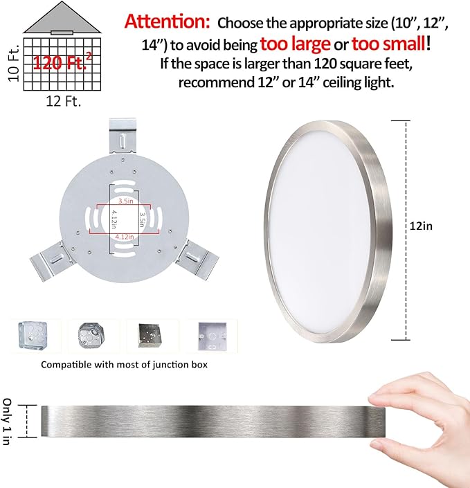 12 Inch Flush Mount LED Ceiling Light Fixture, Slim Dimmable Flush Mount Light for Kitchen, Metal and Glass Modern Ceiling Light for Low Ceiling, Bedroom, Laundry, Brushed Nickel, 22W, 3000K, 2 Pack