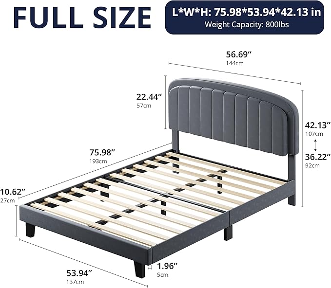 Cozy Castle Full Size Bed Frame, Upholstered Platform Bed with Velvet Adjustable Curved Headboard, Mattress Foundation with Strong Wooden Slats, No Box Spring Needed, Easy Assembly, Gray