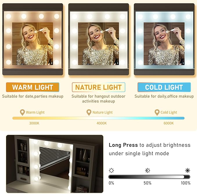 DYHOME Makeup Vanity Desk with Mirror and Lights & Charging Station, White Vanity Desk with 3 LED Light Modes, Make up Vanity Table with 7 Drawers & 3 Cabinets for Bedroom