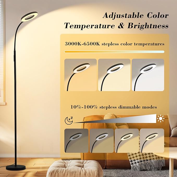 LED Floor Lamp, 12W/1000LM Reading Light, 3 Color Temperatures Bright Floor Lamp, Adjustable Gooseneck Standing Lamp with Remote & Touch Control for Living Room, Bedroom, Office(Black)