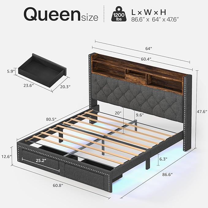 Queen Size Bed Frame, Linen Storage Headboard with LED Light & Charging Station, Upholstered Platform Bed with 2 Storage Drawers, Steel Slats Support, No Box Spring Needed, Grey