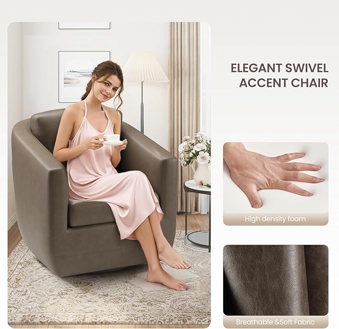 COLAMY 360° Swivel Accent Chair Set of 2 with Pillow, Leather Living Room Armchair No-Sag Foam & Sturdy Metal Base, Fully Assembled Swivel Single Sofa for Bedroom Living Room, Reading Room, Wolf Grey