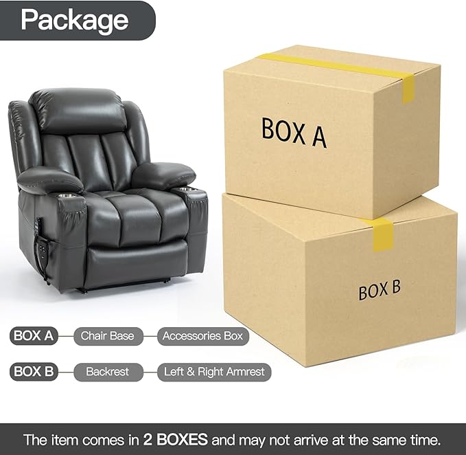 Lay Flat Lift Recliner Chair with Massage & Heat for Elderly People, Electric Power Lift Chair w/Dual Motor, 2 Stainless Steel Cup Holders and 2 Remote Controls, Breathable Faux Leather Grey