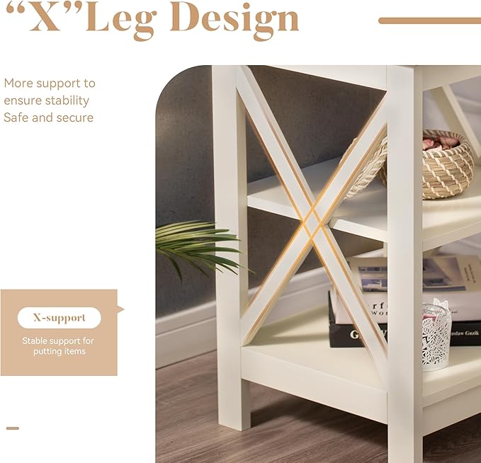 ALPHA HOME Side Table, Farmhouse End Table Set of 2, Bedside Table 3-Tier Storage Shelf for Small Spaces, Sofa Couch Table, Coffee Table, Nightstands Set for Living Room, Bed Room, Ivory