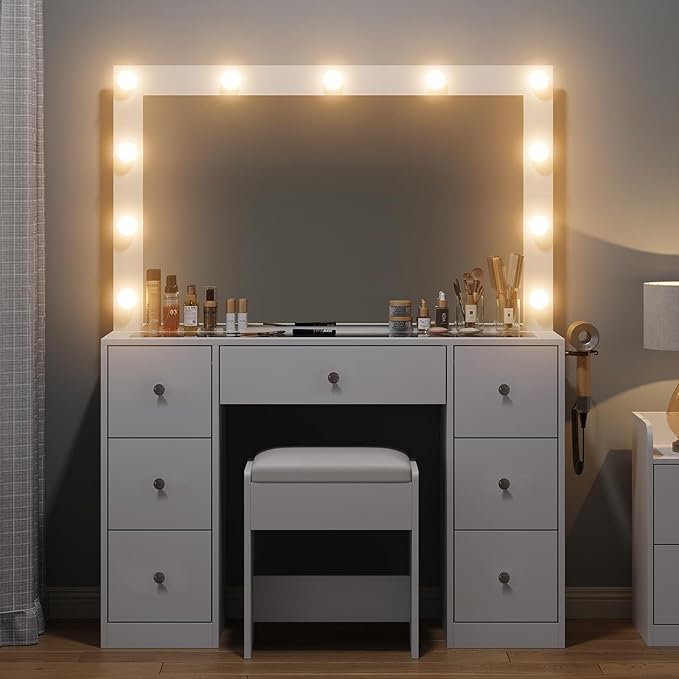 Vanity Desk with Mirror and Lights, Makeup Vanity Desk with Lights 3 Colors, Reinforced Glass Vanity, Makeup Vanity with 11 Storage Drawer (White, 7 Drawers)