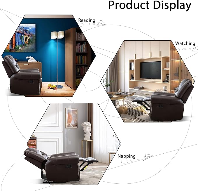 INZOY Leather Recliner Chair, Heavy Duty Manual Reclining Sofa Single Lounge Sofa for Living Room, Home Theater Seating, Brown