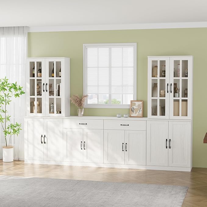 VOWNER 95" TV Stand for TVs up to 75", 4-Piece TV Hutch with Cabinets, Entertainment Center with Bookshelves, Modular TV Console for Living Room, 2D+2F (White)