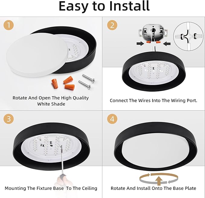 Hlite 13 inch Ceiling Light Fixture,Modern LED Flush Mount Ceiling Light,3000K/Warm White/24W,Dimmable 1920LM Rustic Indoor Room Decorative Ceiling Lights for Bedroom Kitchen, Black(1 Pack)