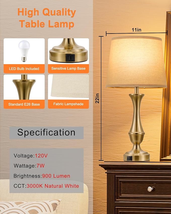 Upgraded Touch Lamps for Night Stands Set of 2 - Bedside Lamps with USB C+A, 3 Way Dimmable for Bedroom Living Room End Tables Office (Brown&Gold)