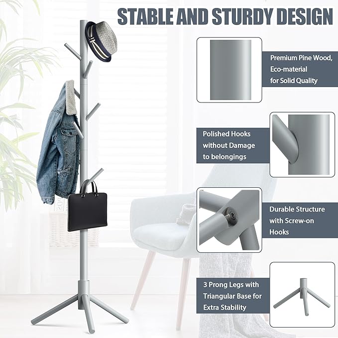 Haddockway Wooden Coat Rack Stand with 8 Hooks New Zealand Pine 3 Adjustable Coat Standing Tree Easy Assembly for Coats, Hats, Scarves and Handbags for Entryway, Hallway, Bedroom, Office