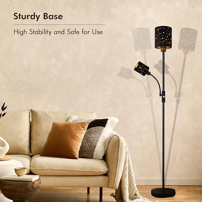 Gothic Industrial Torchiere Floor Lamp with Adjustable Reading Light, 71" Black Metal Standing Lamp with Gold Lined Starry Shade, Vintage Pole Lamp for Living Room & Bedroom, Spooky Home Decor