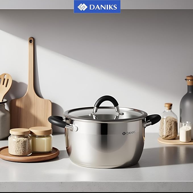 Daniks Orlando 6-Piece Stainless Steel Induction Cookware Set – Dishwasher Safe Pots with Heatproof Handles, Glass Lids, Measuring Scale, Silver