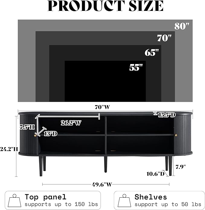 AMERLIFE 70" TV Stand with Solid Wood Legs, Mid Century Modern TV Console with Tambour Door for 80-inch TV, Dust-Proof Storage Cabinet for Living Room, Embossed Black