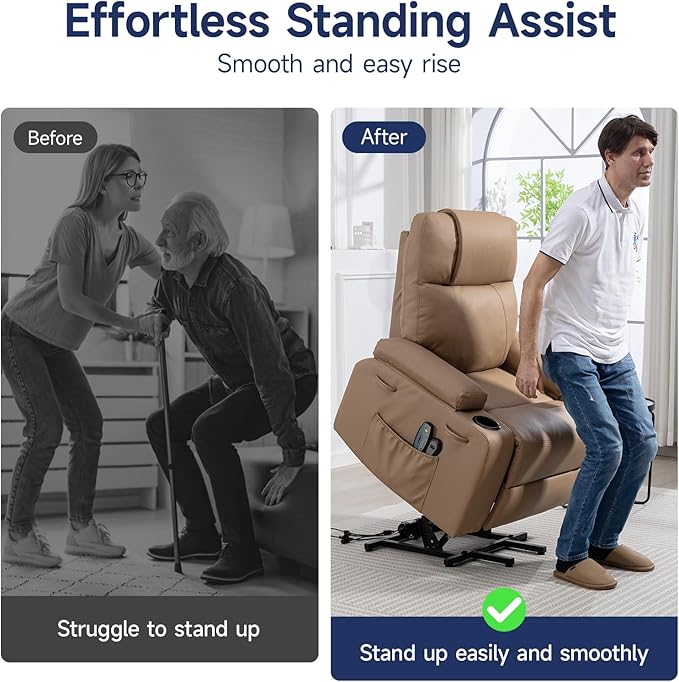 Power Lift Recliner Chair for Elderly with Massage & Heat, 160° Adjustable PU Leather Electric Recliner with Remote, Cup Holders, Side Pockets, and Stand Assist for Living Room, Bedroom (Brown)