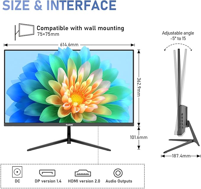 Gawfolk 27 inch IPS 2K QHD (2560×1440) Computer Monitor 75Hz Gaming PC Screen, 1ms，Adaptive Sync,100% sRGB, 1.07 Billion Colours, HDMI2.0、DisplayPort 1.4, Built-in Speaker - Black