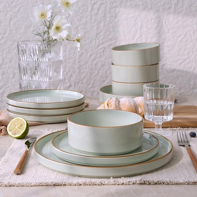 Famiware Nebula Plates and Bowls Sets for 4, 12 Pieces Stoneware Dinnerware Set, Microwave and Dishwasher Safe Dishes Set, Light Green with Brown Rim