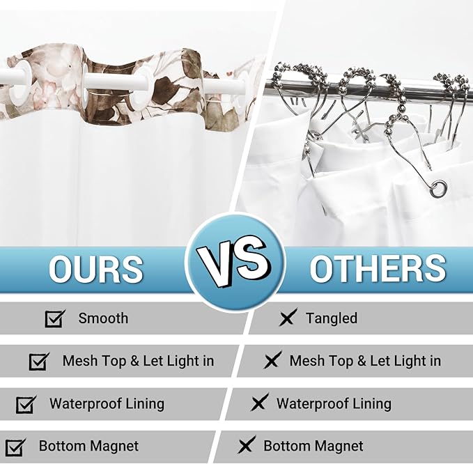 No Hook Shower Curtain with Snap in Liner - Eucalyptus Shower Curtain - Washable Waterproof Inner Liner, Plants Taupe Leaves Modern Shower Curtains - Machine Washable, 71 x 74