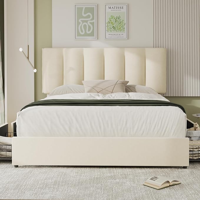 VECELO Queen Size Bed Frame with 4 Storage Drawers, Adjustable Height Headboard, Heavy-Duty Platform Bedframe with Strong Wooden Slats, No Box Spring Needed, Pale Beige