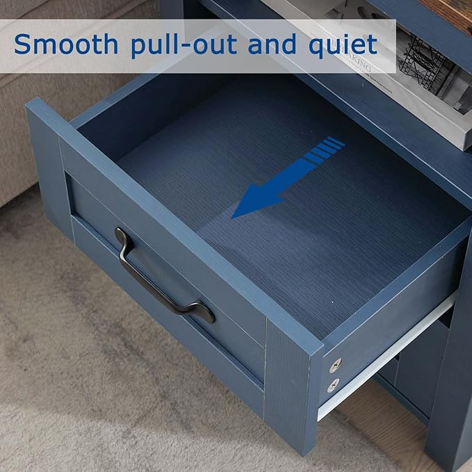 Farmhouse Night Stand, Rustic Blue Nightstand for Bedroom, End Tables Without Charging Station, Bedside Table with Drawers, Wood Bedside Cabinet Dresser