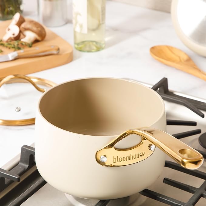 bloomhouse 3 Quart Heavy Duty Aluminum Premium PFA Free Ceramic Nonstick Saucepan with Lid - Almond Cream w/Gold Handle