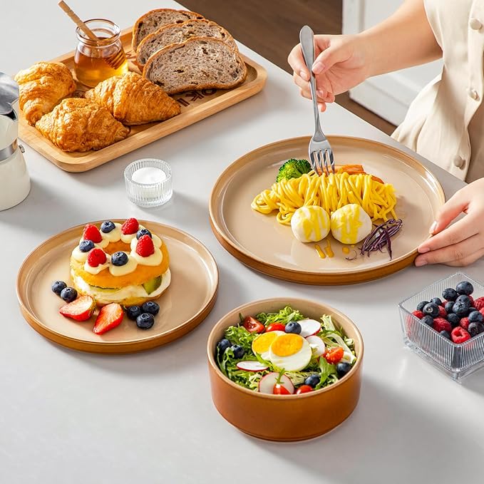 vancasso ONION Ceramic Plates and Bowls Sets, 18 Pieces Brown Dinnerware Sets for Kitchen, Reactive Glaze Dishes Set for 6, Dishwasher and Microwave Safe