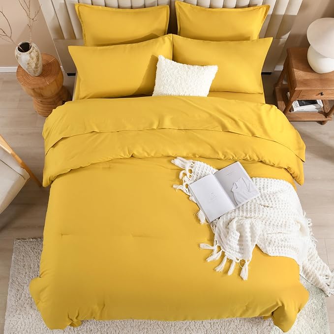 Litanika Comforter Full Size Set Mustard Yellow - 7 Pieces Bed in a Bag Full Bedding Comforter Sets, Plain Lightweight Bed Set with Comforter, Sheets, Pillowcases & Shams
