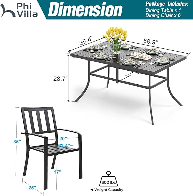 PHI VILLA 7 Piece Outdoor Dining Set for 6, 60” Rectangular Metal Dining Table with Umbrella Hole & 6 Steel Chairs for Patio, Deck, Yard