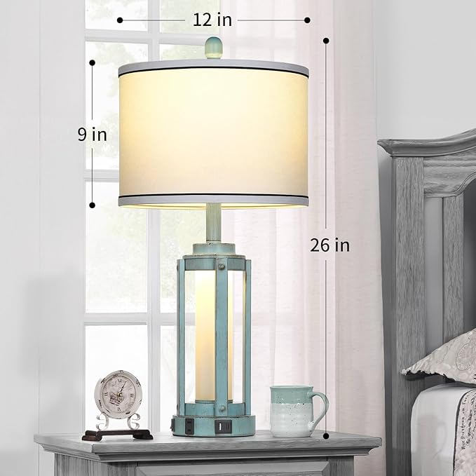 Industrial Farmhouse Table Lamp, 26" Vintage Rustic Beside Lamp with USB A+C Charging Ports & AC Outlet, Nightstand Metal Lamp with LED Night Light & Fabric Shade for Living Room Bedrooms Blue