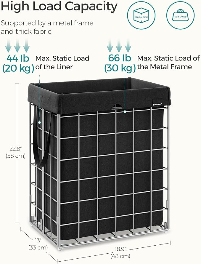 SONGMICS Laundry Hamper, 23.8 Gal. (90L) Laundry Basket, Collapsible Clothes Hamper, Removable and Washable Liner, Metal Wire Frame, for Bedroom Bathroom, Silver and Classic Black ULCB190B01