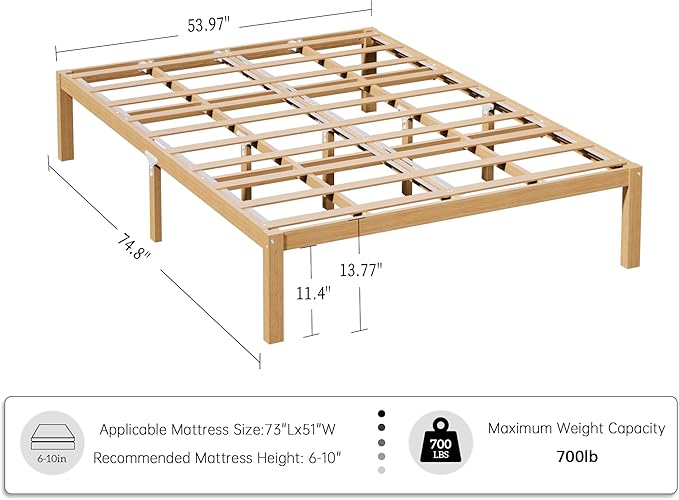 14 Inch Bamboo Bed Frame – Solid Wood Platform Bed Frame, Strong and Stable, with Non-Slip Slats for Support, No Box Spring Needed, Easy to Assemble, Noise-Free(Natural, Full)