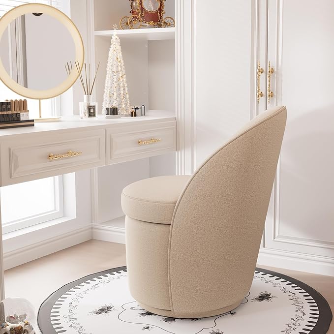 YOUNIKE Vanity Bench Boucle Fabric Coffee Solid Wood Swivel Accent Chair with Backrest Easy Assembly Dressing Stool for Bedroom & Makeup Room