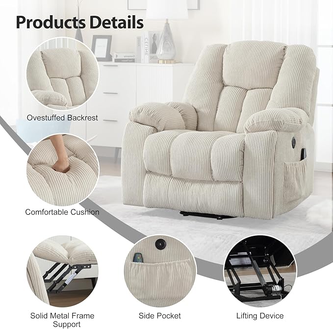 CANMOV Power Lift Recliner Chair with Massage and Heat for Elderly, Overstuffed Wide Recliners, Heavy Duty and Safety Motion Reclining Mechanism with USB Ports, 2 Concealed Cup Holders, Beige