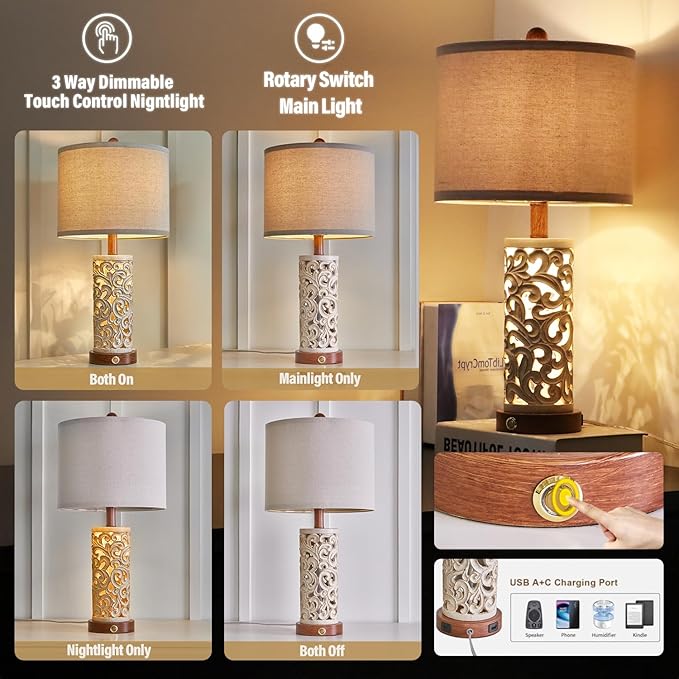 OYEARS 3-Way Dimmable 22'' USB A+C Touch Control Table Lamp Set of 2 with Nightlight for Living Room Bedroom Farmhouse Bedside Nightstand Lamps (Brown, Bulb Included)
